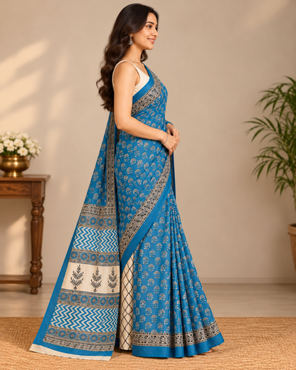 Natural Fab Mal Mal Cotton Hand Block Printed Saree with Blouse | 6.30 m