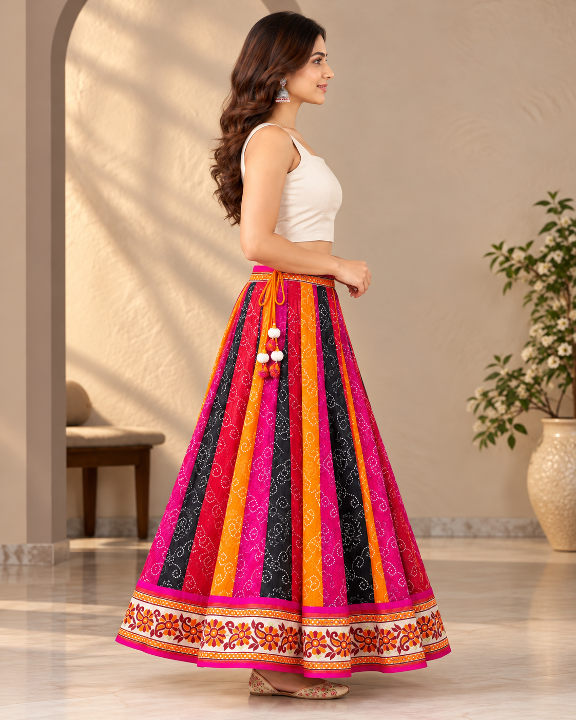Women's Cotton Bandhani Printed Long Flared Skirt with Multicolour Panels | Ethnic Maxi Skirt