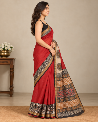 Natural Fab Maheshwari Silk Hand Block Printed Saree with Blouse | 6.30 Metres