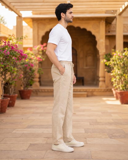 Men’s Cotton Linen Blend Beige Pants | Relaxed Fit Drawstring Casual Trousers with Pockets