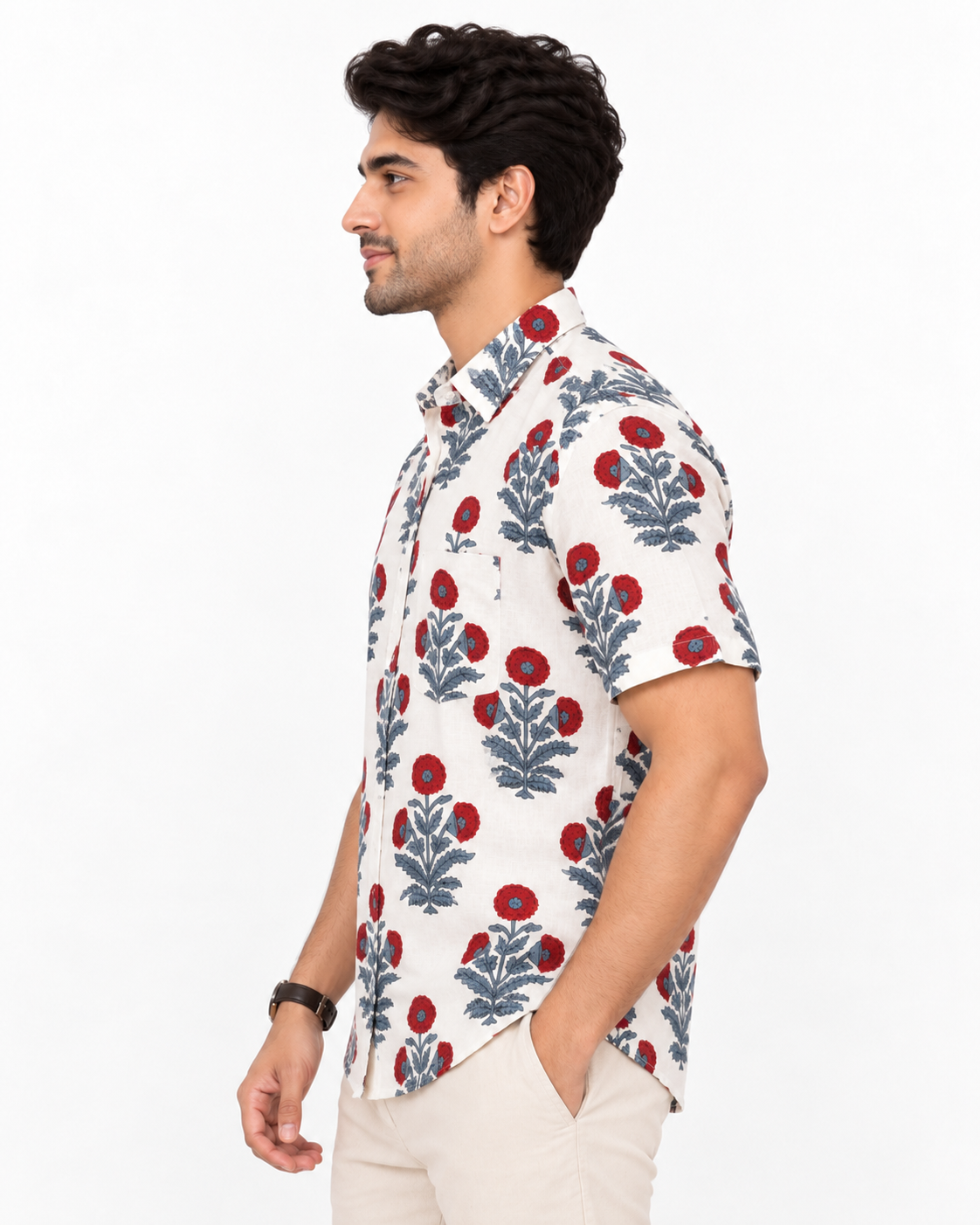 Men’s 100% Pure Cotton Hand Block Printed Half Sleeve Shirt | Floral Casual Shirt with Pocket