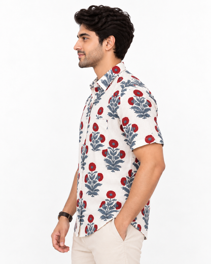 Men’s 100% Pure Cotton Hand Block Printed Half Sleeve Shirt | Floral Casual Shirt with Pocket