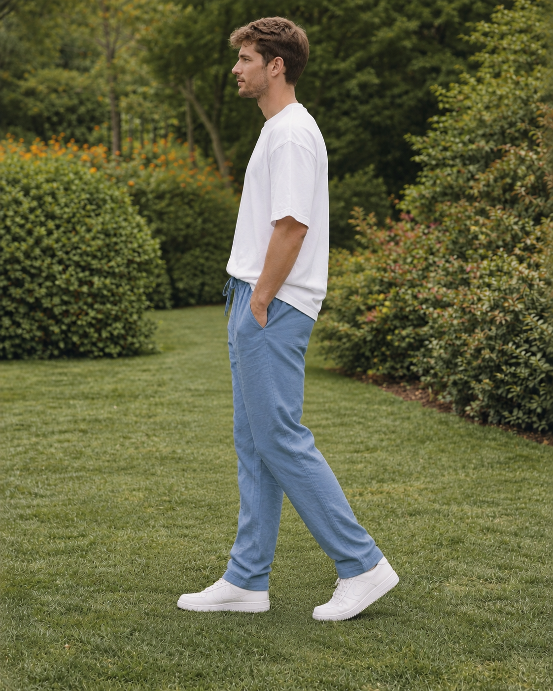 Men’s Cotton Linen Blend Light Blue Pants | Relaxed Fit Drawstring Casual Trousers with Pockets