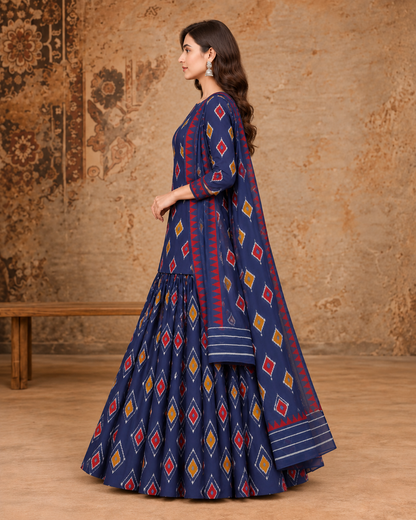 Women’s Navy Blue Cotton Printed Lehenga Set with Kurti & Dupatta | Festive Ethnic Wear