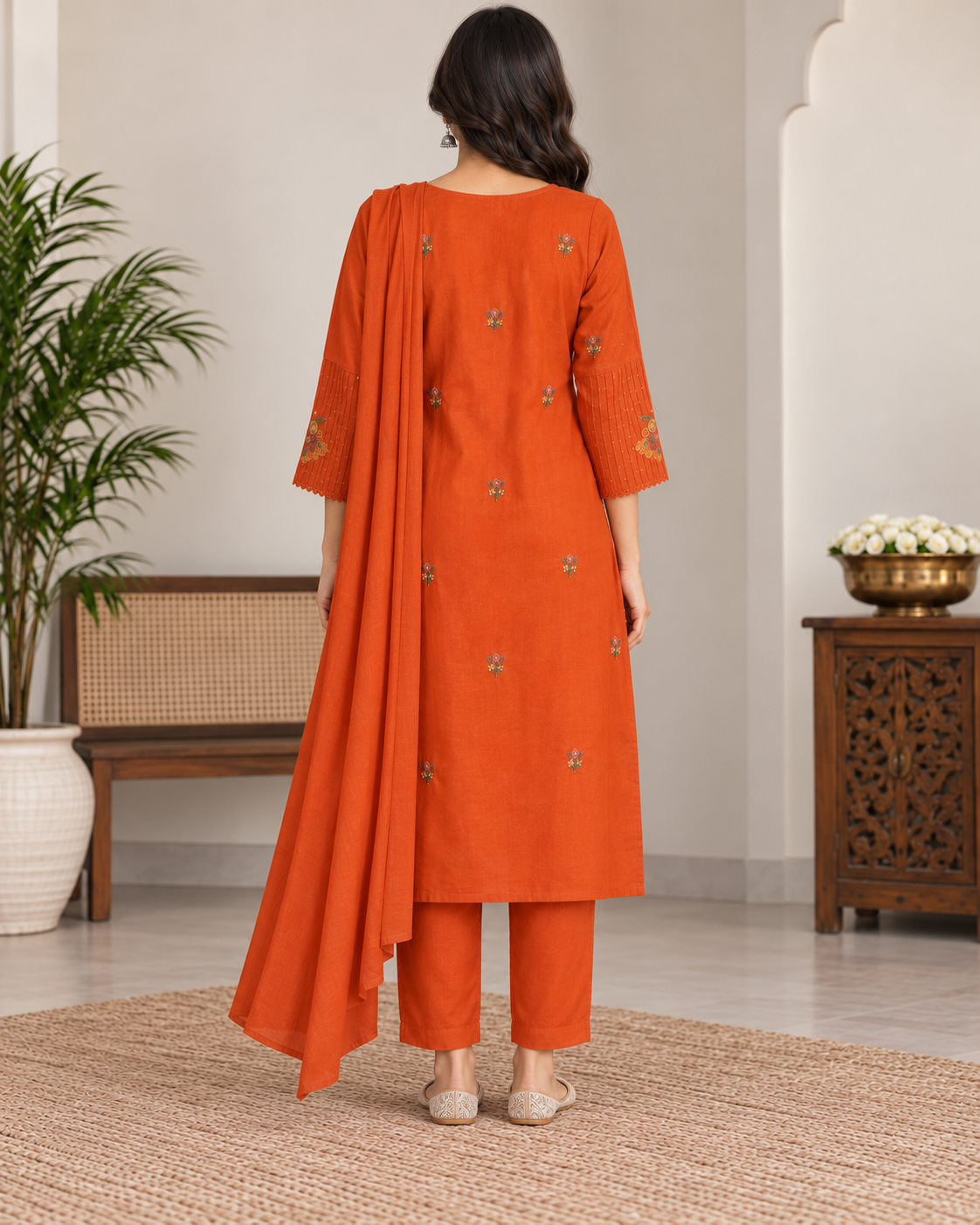 Women’s Rust Orange Mal Cotton Embroidered Kurti Pant Set with Matching Dupatta | 3 Piece Ethnic Set