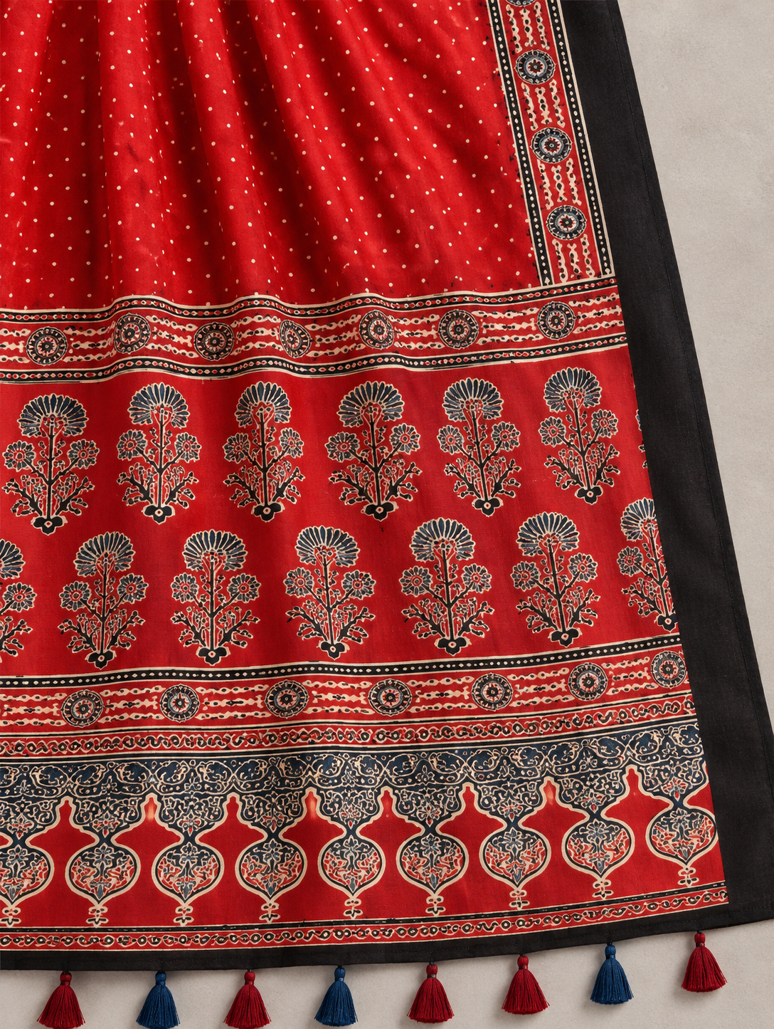Women's Red Ajrakh Inspired Printed Modal Silk Stole with Traditional Floral Motifs, Black Border & Tassels