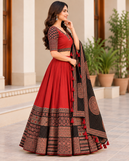 Women's Maroon Printed Cotton Lehenga Choli Set with Black Dupatta & Ethnic Border