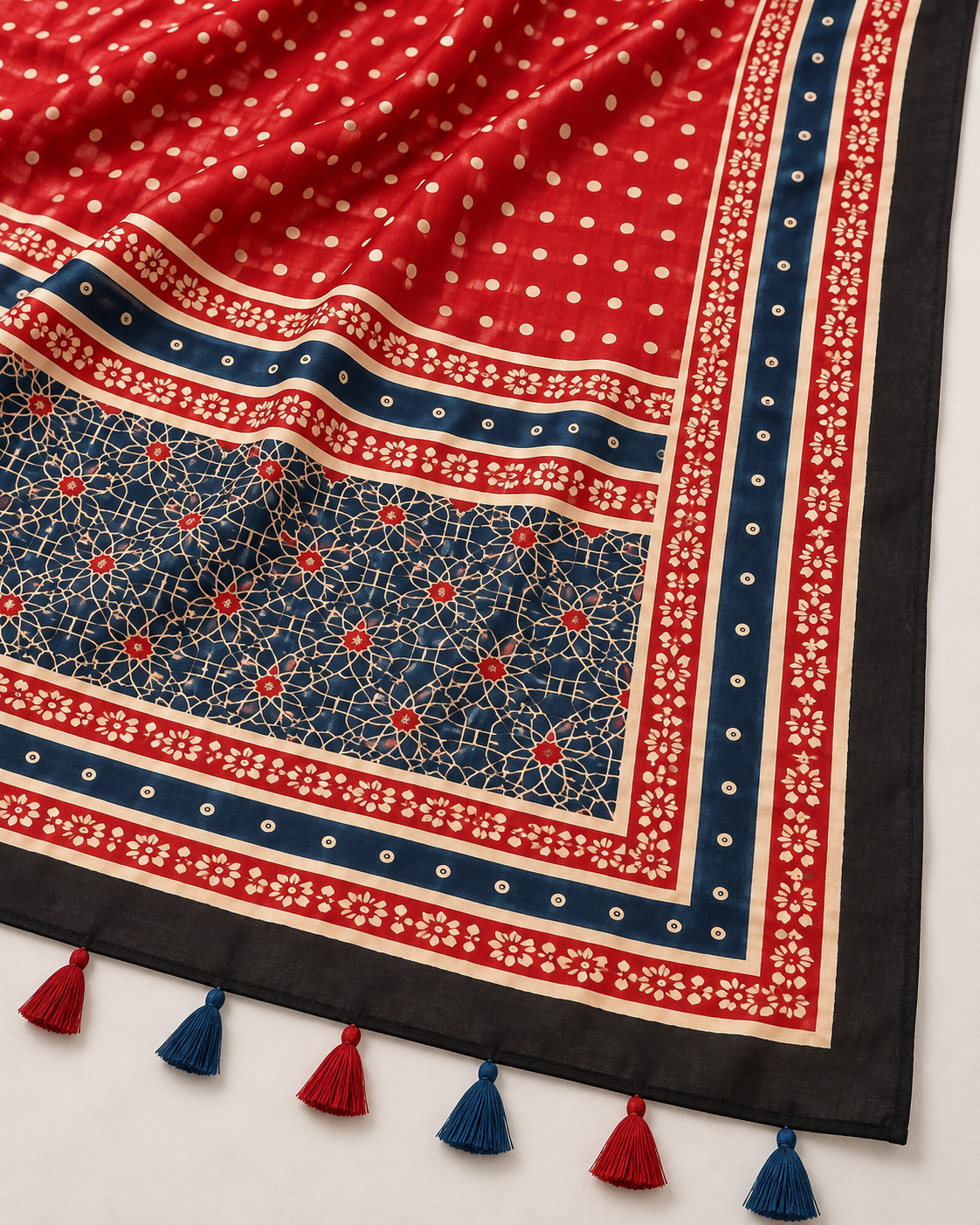 Women's Red & Navy Blue Ajrakh Inspired Printed Modal Silk Stole with Polka Dots, Geometric Border & Tassels
