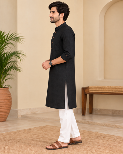 Men's Black Handwoven Cotton Long Kurta | Solid Mandarin Collar Full Sleeve Ethnic Wear