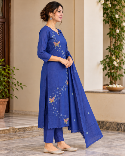 Women’s Royal Blue Chanderi Kurti Pant Set with Dupatta | Kantha Hand Embroidery Ethnic Suit