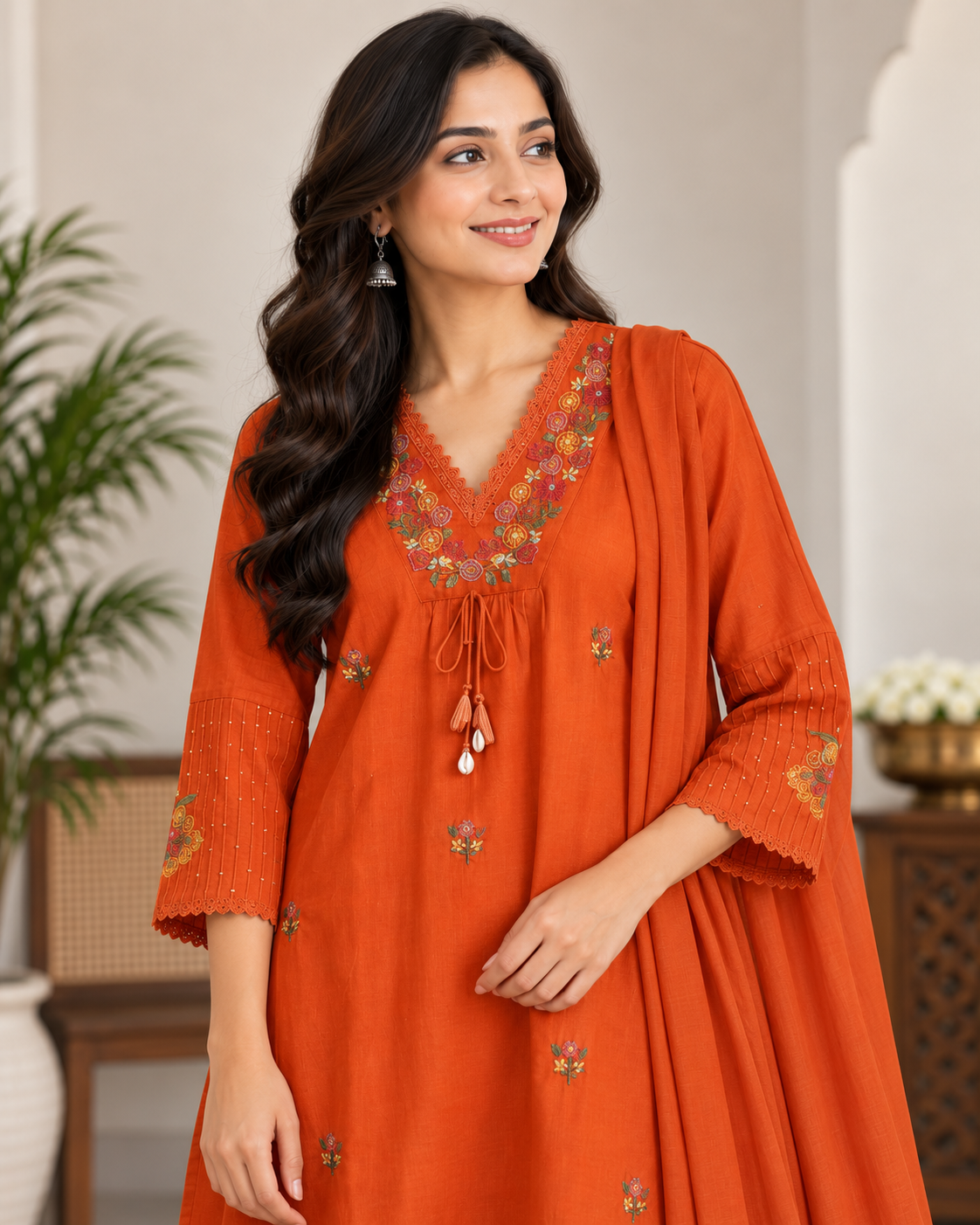 Women’s Rust Orange Mal Cotton Embroidered Kurti Pant Set with Matching Dupatta | 3 Piece Ethnic Set