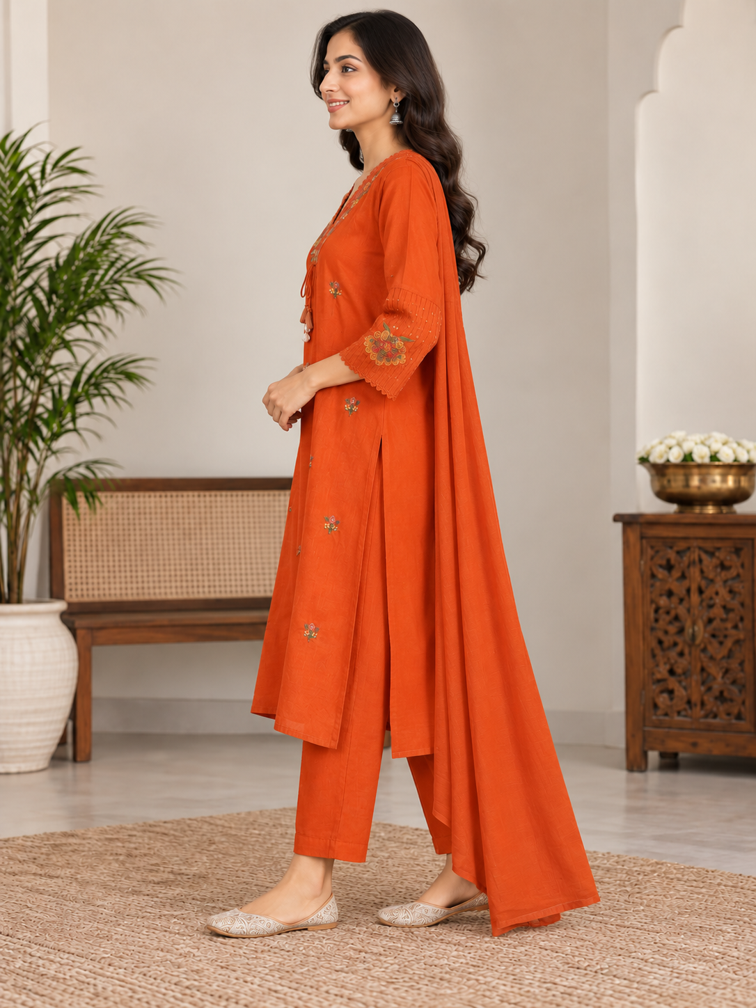 Women’s Rust Orange Mal Cotton Embroidered Kurti Pant Set with Matching Dupatta | 3 Piece Ethnic Set
