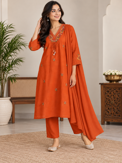Women’s Rust Orange Mal Cotton Embroidered Kurti Pant Set with Matching Dupatta | 3 Piece Ethnic Set