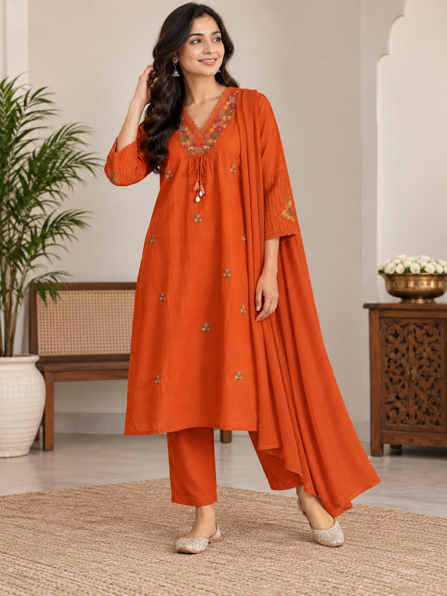 Women’s Rust Orange Mal Cotton Embroidered Kurti Pant Set with Matching Dupatta | 3 Piece Ethnic Set