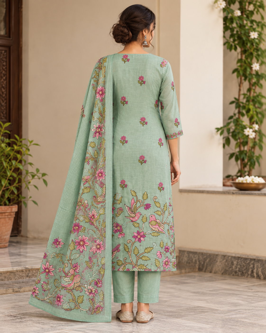 Women’s Sage Green Chanderi Kantha Hand Embroidered Kurti Pant Set with Printed Dupatta