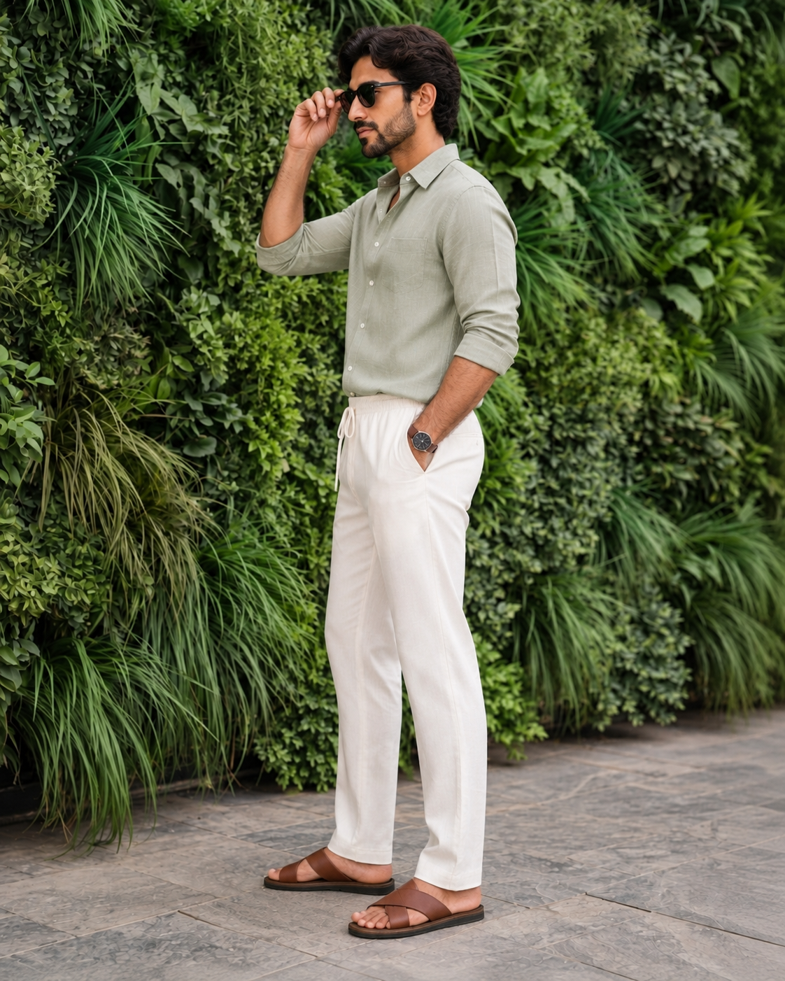 Men’s Cotton Linen Blend White Pants | Relaxed Fit Drawstring Casual Trousers with Pockets