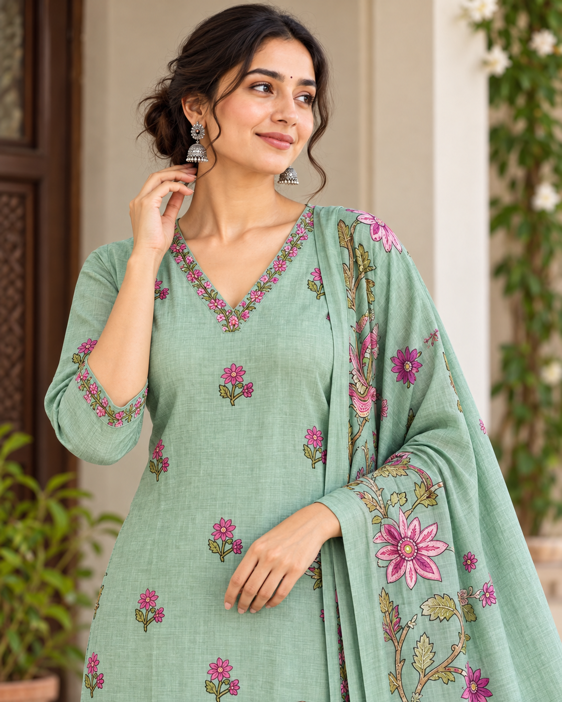 Women’s Sage Green Chanderi Kantha Hand Embroidered Kurti Pant Set with Printed Dupatta
