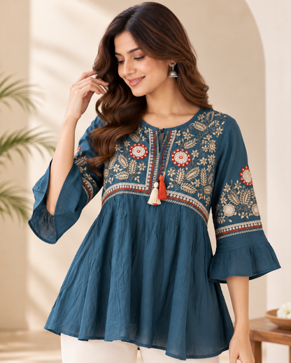 Natural Fab Women’s Blue Short Kurti Top | Everyday Ethnic Casual Wear for Women