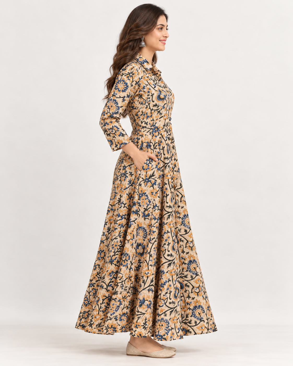 Natural Fab Women's Beige Floral Printed Cotton Flared Maxi Dress with Collar & Pockets