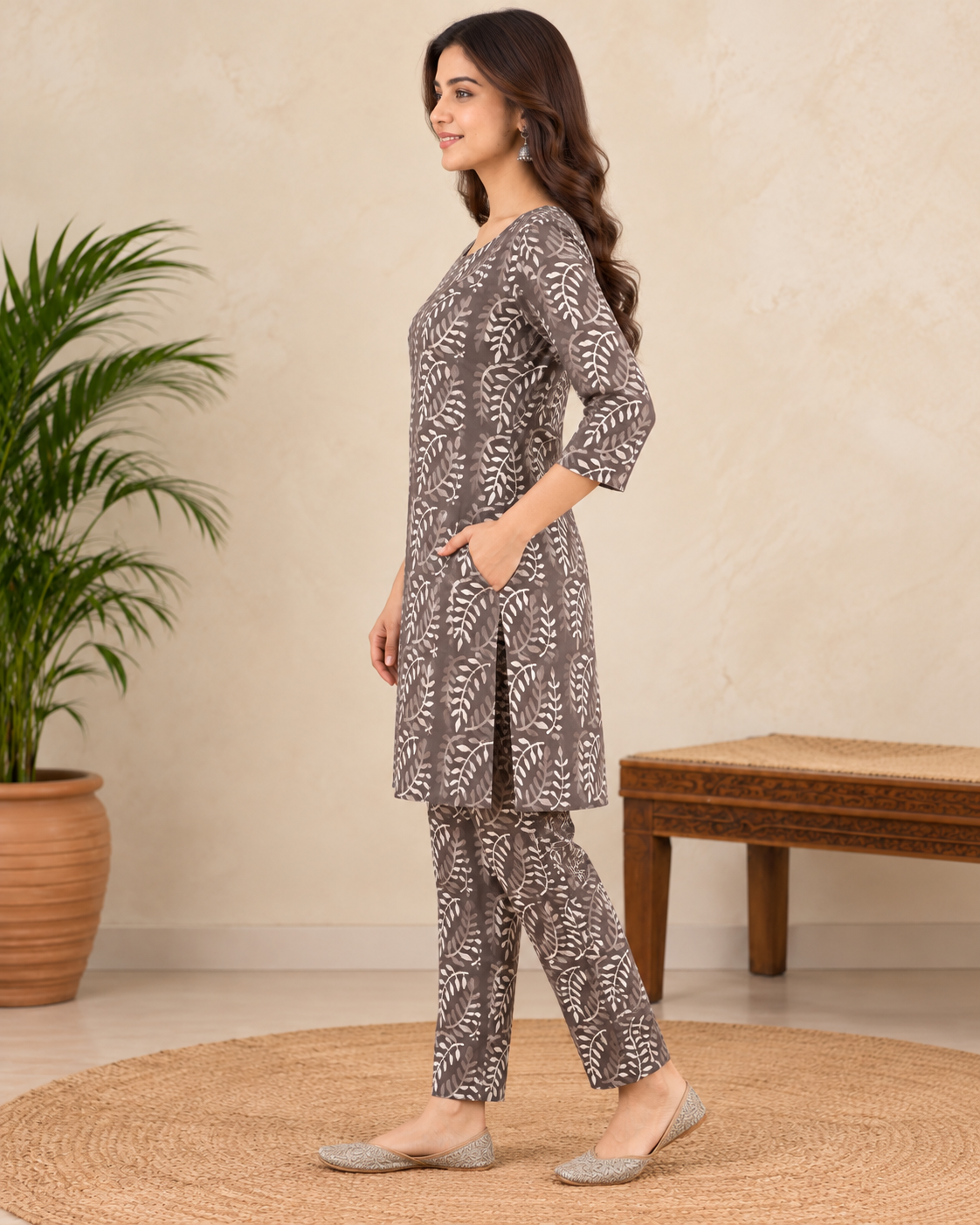 Women's Grey Cotton Hand Block Printed Kurta Pant Set with Pockets | 3/4 Sleeve Ethnic Co-Ord