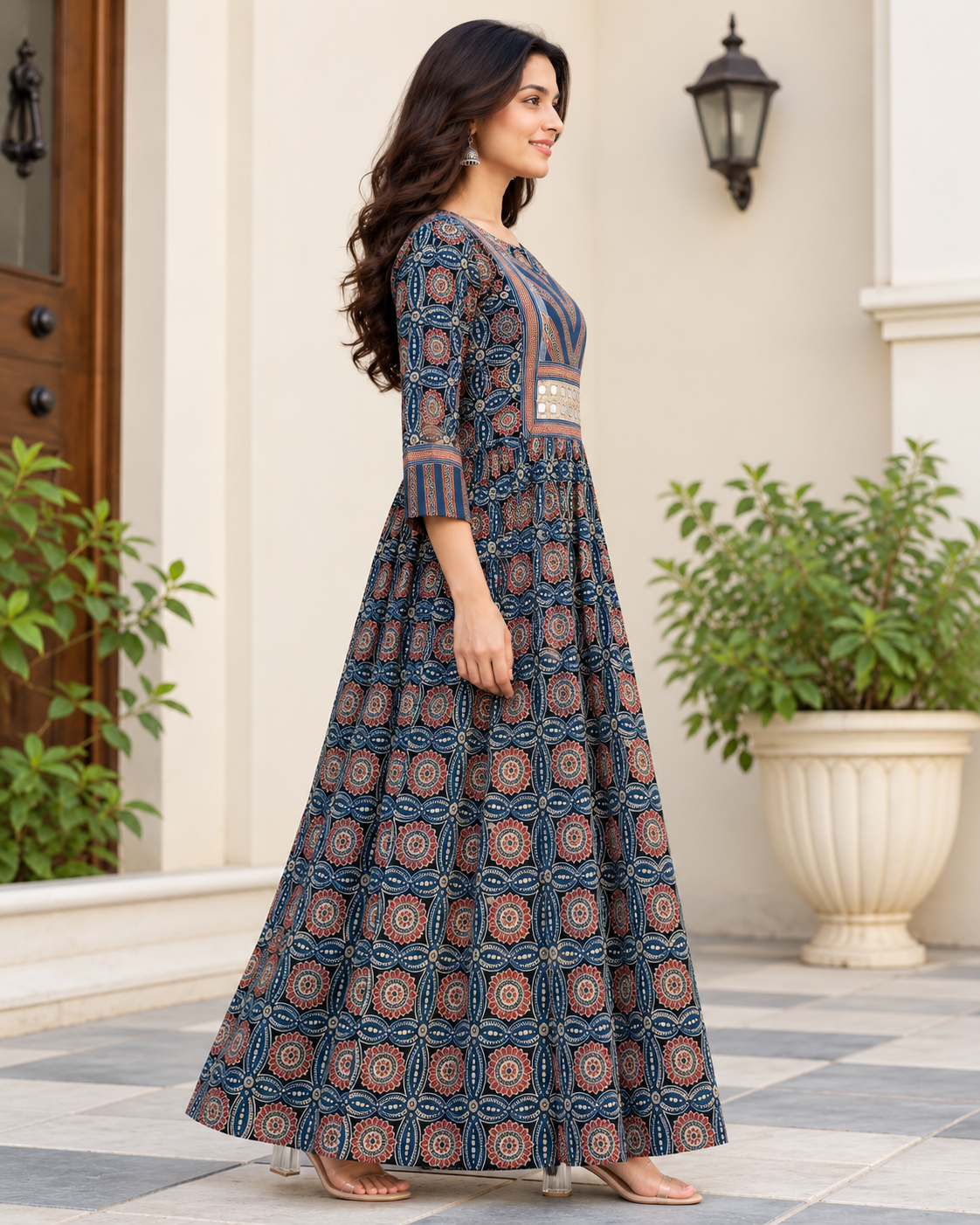 Natural Fab Women's Navy Blue Ajrakh Inspired Printed Flared Maxi Dress with Mirror Work Detail