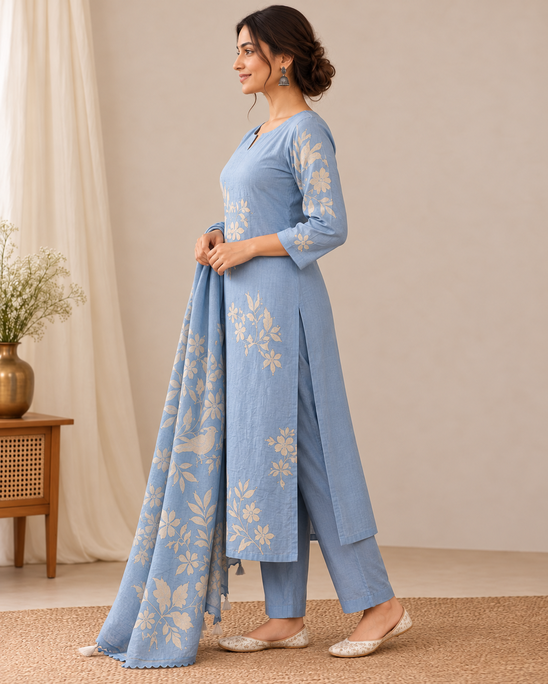 Women’s Powder Blue Mal Kurti Pant Set with Floral Bird Print Dupatta | 3-Piece Ethnic Set