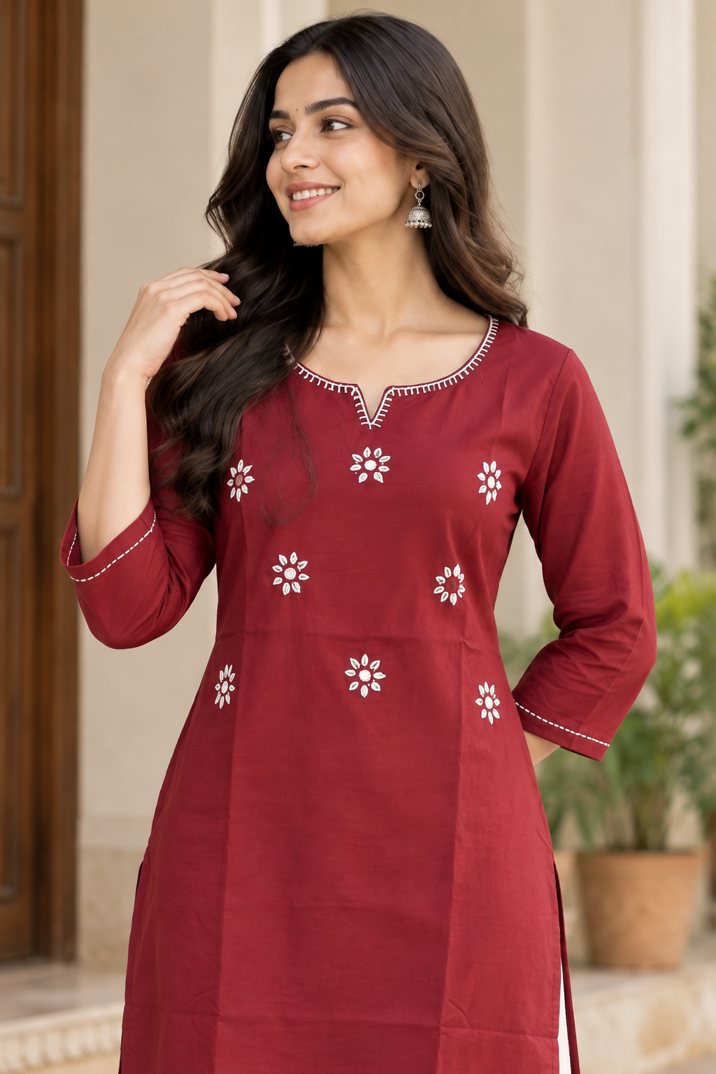 Natural Fab Women's Maroon Floral Embroidered Straight Kurti with Notch Neck & 3/4 Sleeves