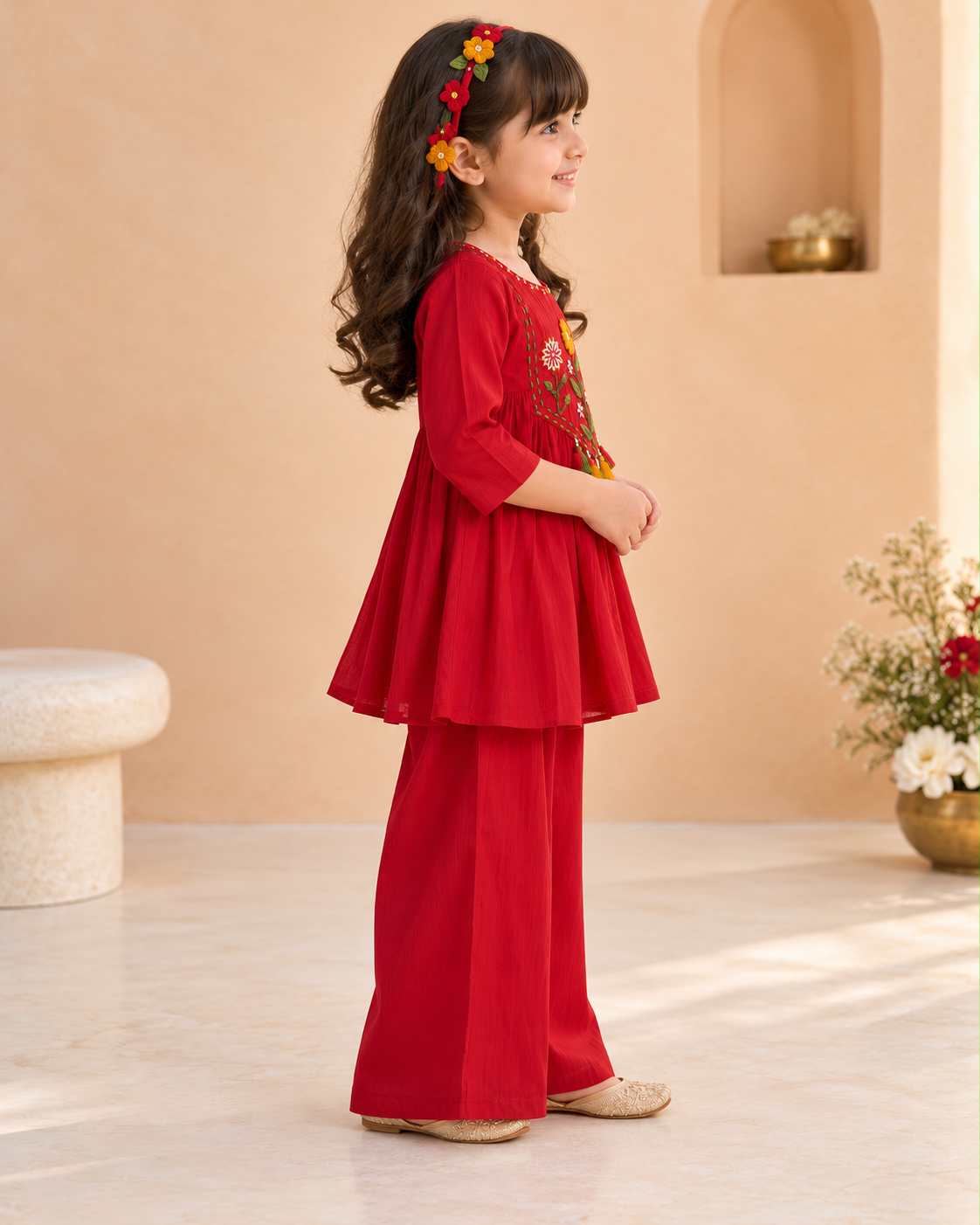 Girls Red Floral Embroidered Flared Kurti Palazzo Set with Tassel Detail | Festive Ethnic Wear