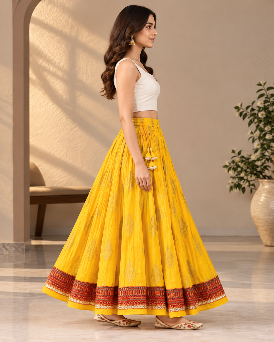 Women's Mustard Yellow Ottoman Cotton Flared Maxi Skirt with Ethnic Print & Tassels