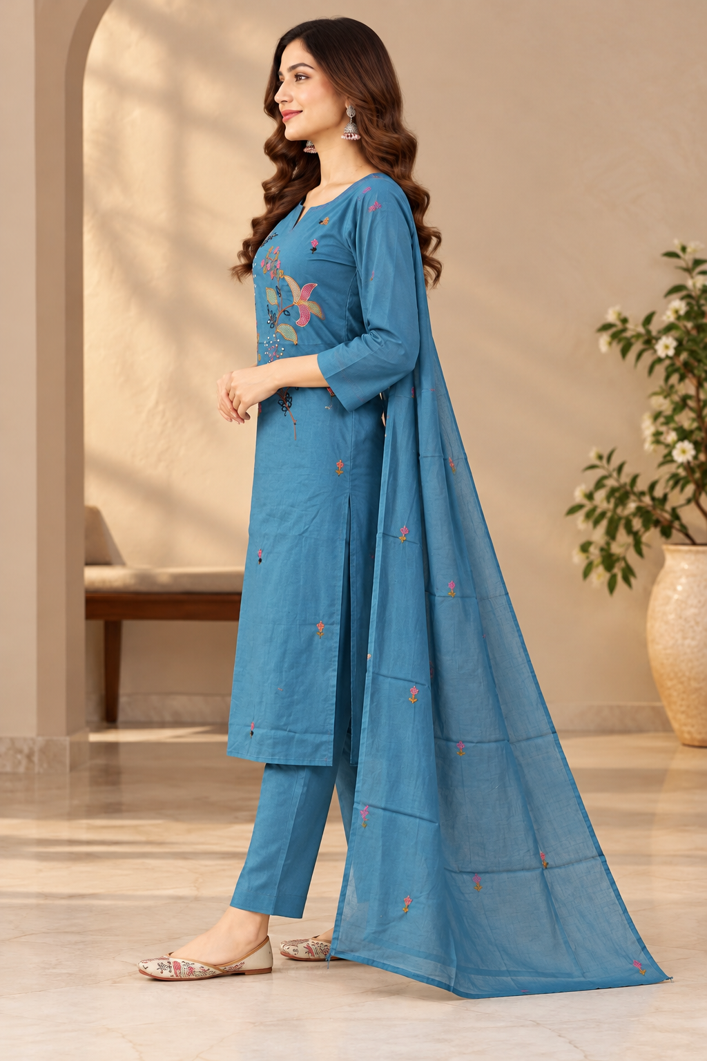Women's Teal Blue Cotton Embroidered Kurti Pant Set with Dupatta | 3-Piece Ethnic Wear
