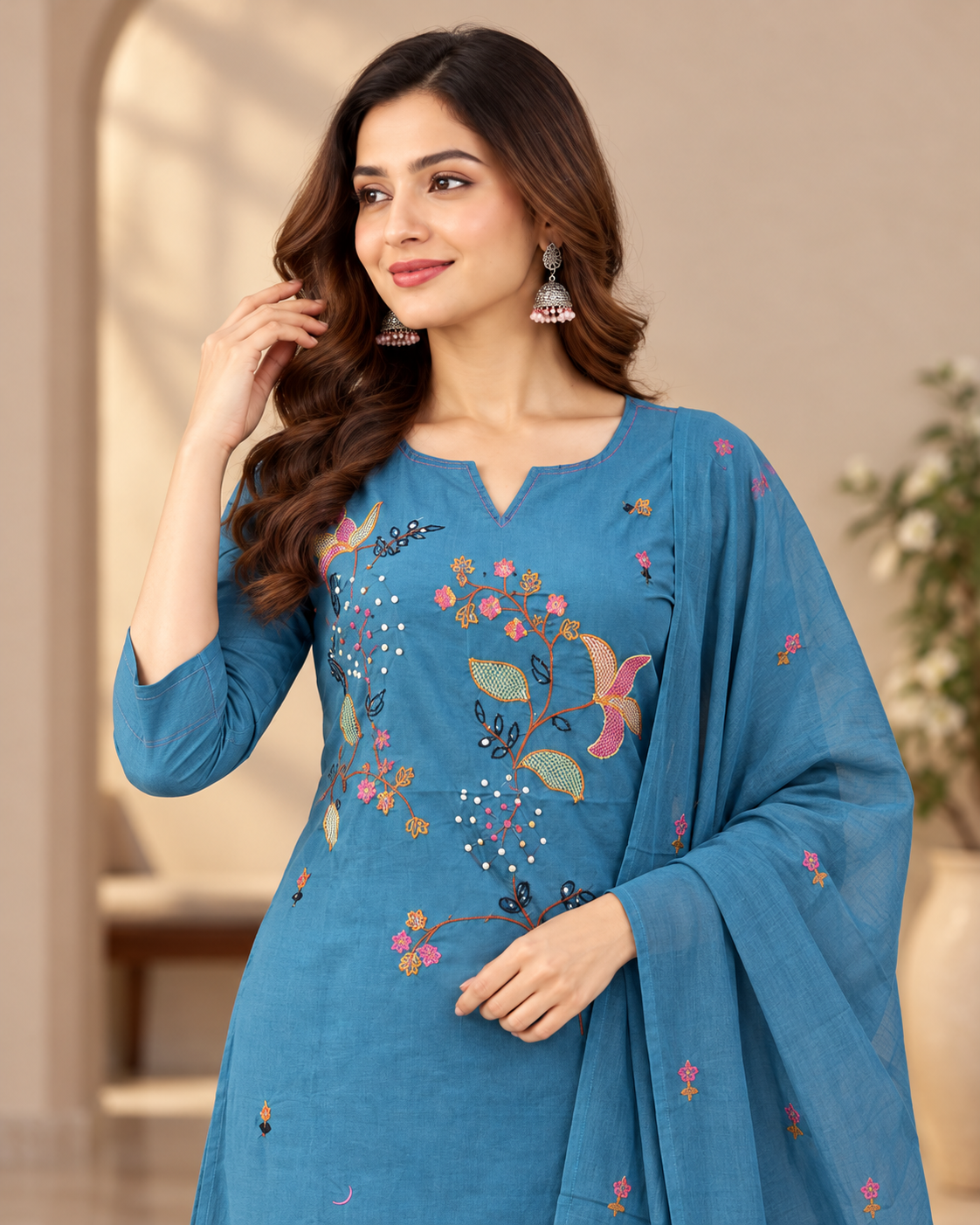 Women's Teal Blue Cotton Embroidered Kurti Pant Set with Dupatta | 3-Piece Ethnic Wear