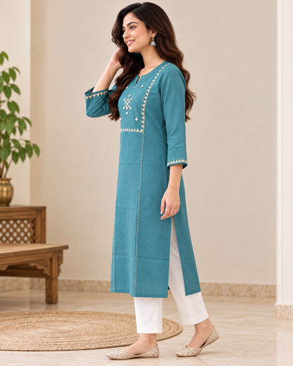 Women's Teal Blue Cotton Straight Kurti | Embroidered Yoke 3/4 Sleeve Ethnic Kurta