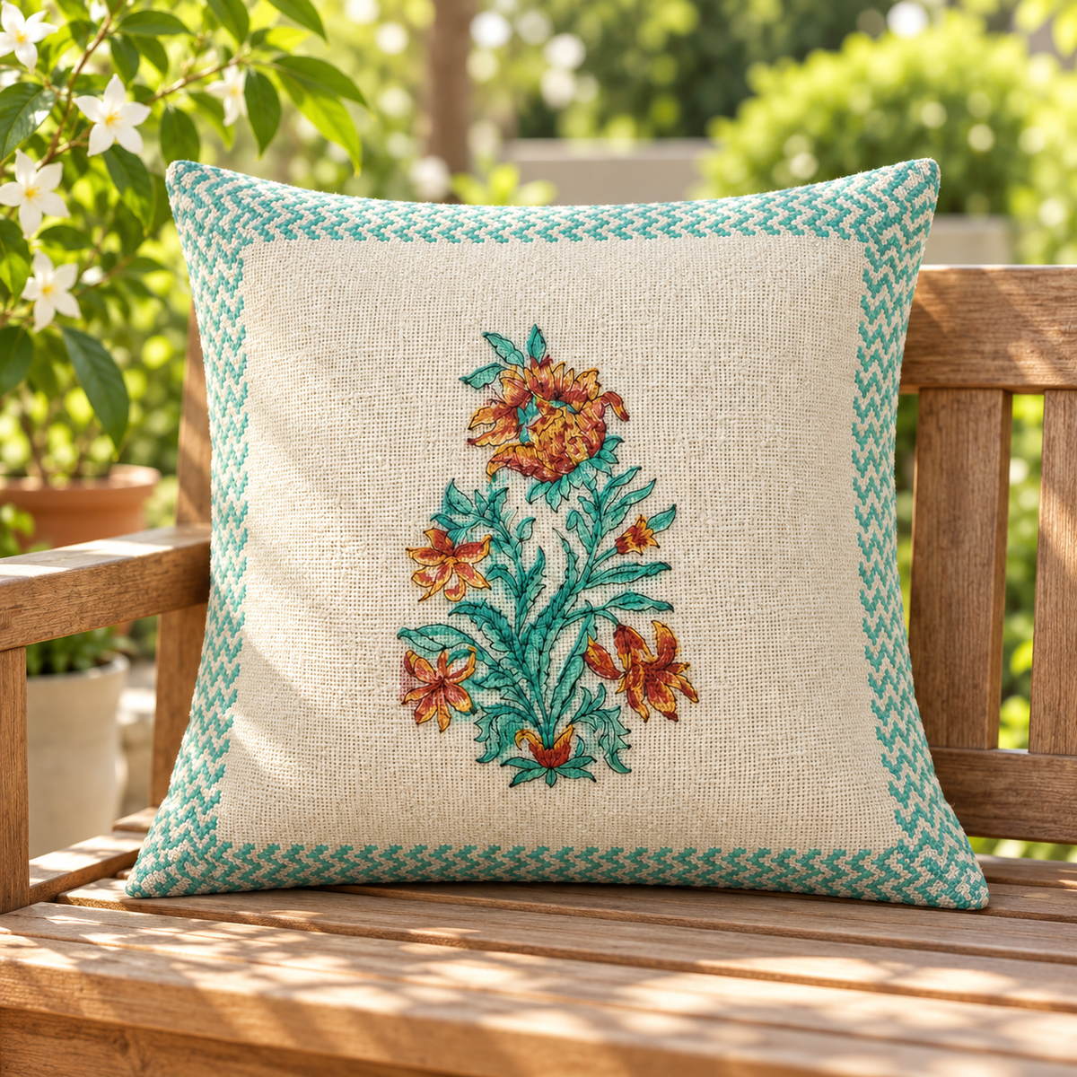 Hand Block Printed Jute Cushion Cover – Natural Beige with Multicolour Floral Motifs & Teal Green Geometric Border | 16 x 16 Inches