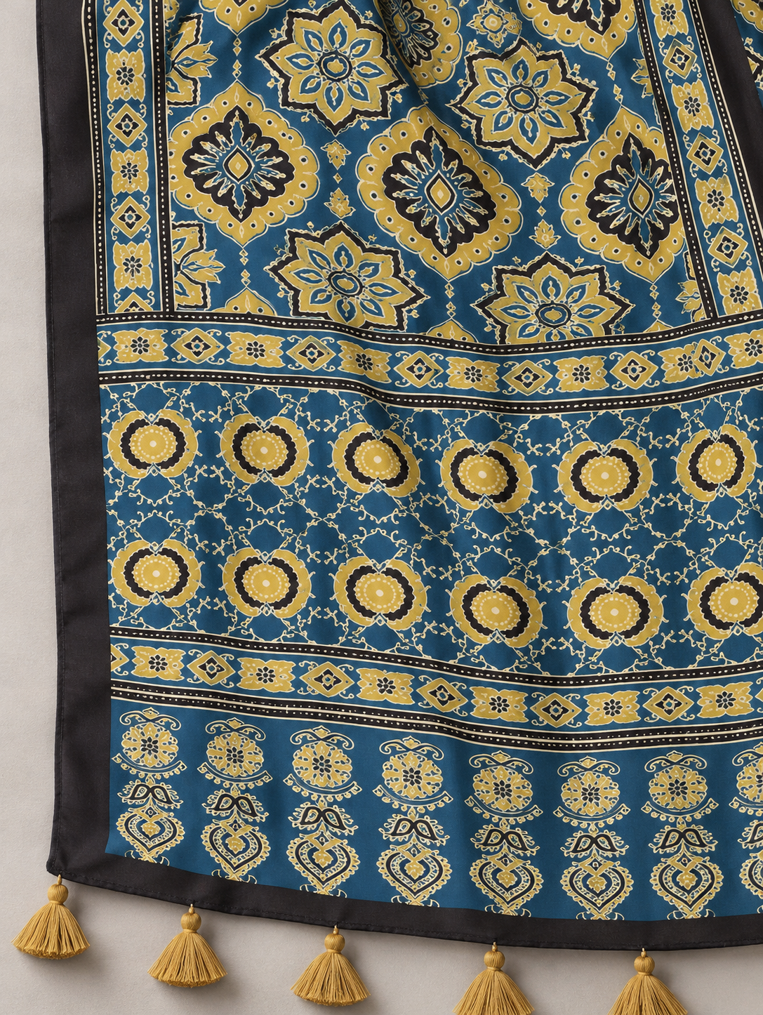 Women's Teal Blue Ajrakh Inspired Printed Modal Silk Stole with Floral Motifs & Tassels