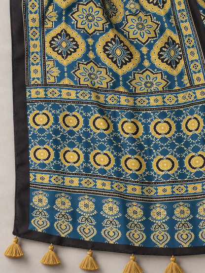 Women's Teal Blue Ajrakh Inspired Printed Modal Silk Stole with Floral Motifs & Tassels