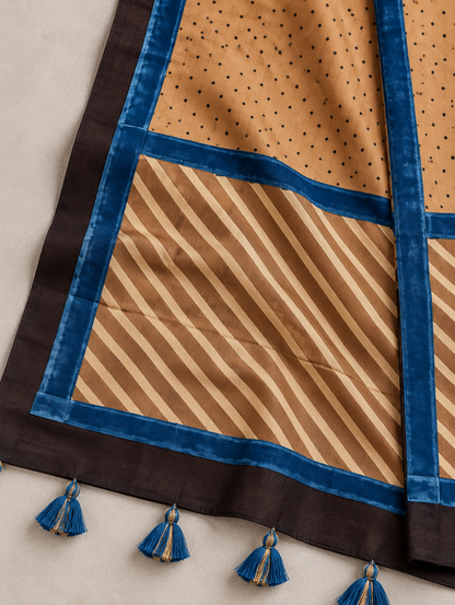 Women's Beige & Blue Printed Modal Silk Stole with Polka Dots, Striped Border & Tassels