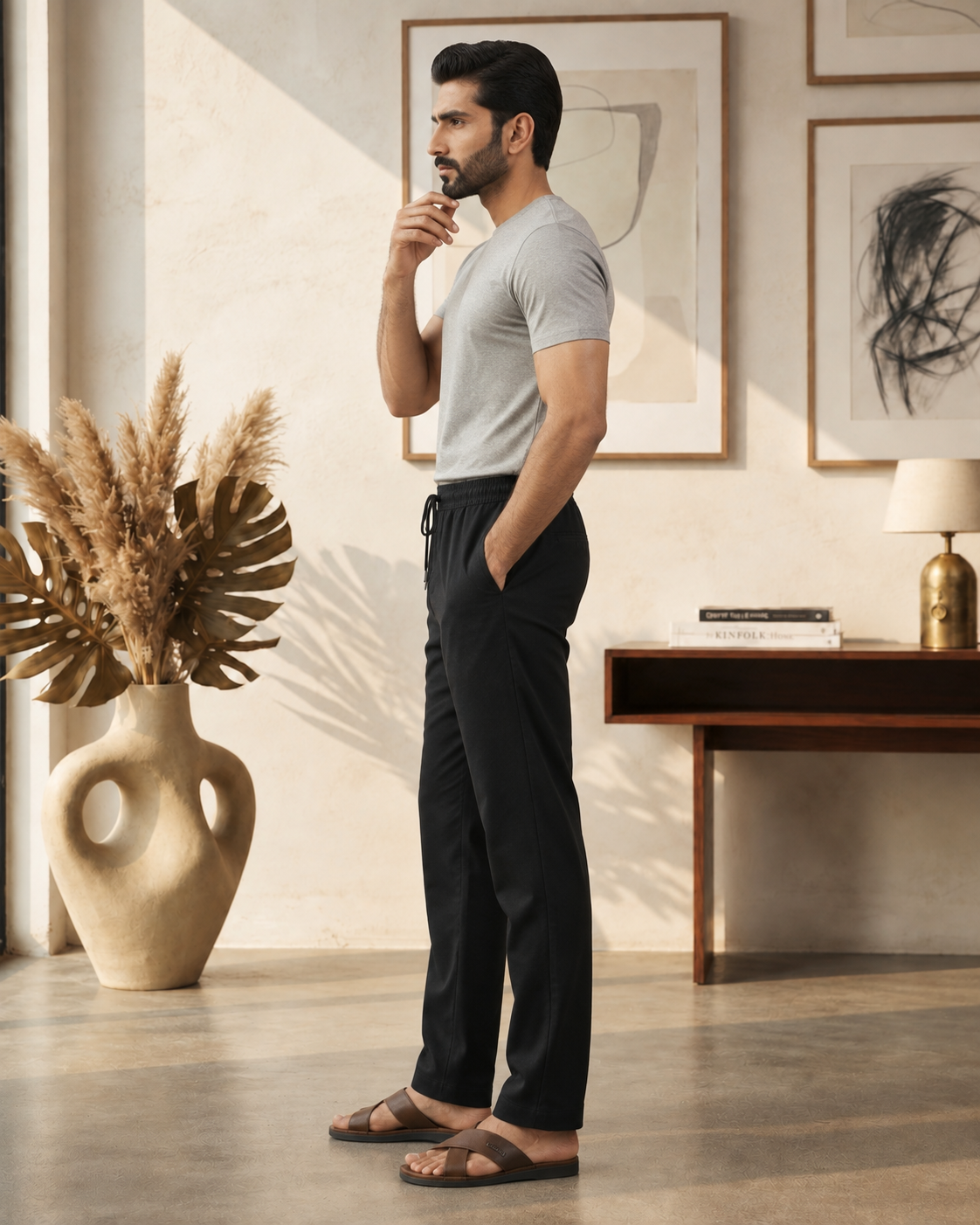 Men’s Cotton Linen Blend Black Pants | Relaxed Fit Drawstring Casual Trousers with Pockets