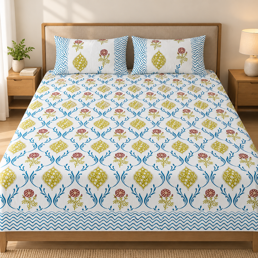 Hand Block Printed Cotton King Size Bedsheet – White with Blue, Mustard Yellow & Maroon Floral Motifs | 108 x 108 Inches