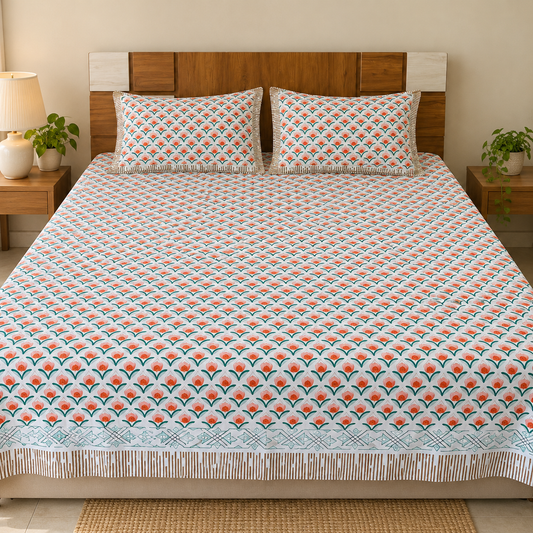 Hand Block Printed Cotton King Size Bedsheet – White with Teal Green & Coral Orange Floral Print | 108 x 108 Inches