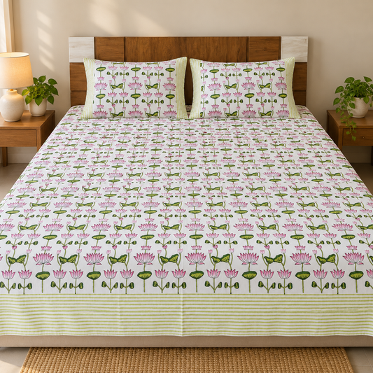 Hand Block Printed Cotton King Size Bedsheet – White with Pink Lotus Floral Print & Olive Green Striped Border | 108 x 108 Inches