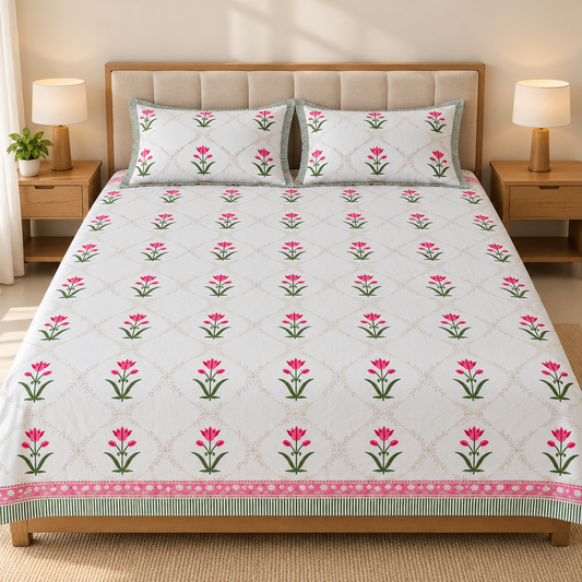 Hand Block Printed Cotton King Size Bedsheet – White with Pink Floral Print & Decorative Pink Border | 108 x 108 Inches