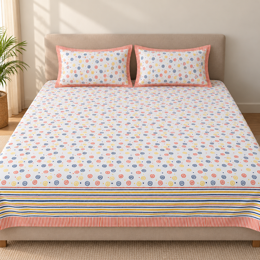 Hand Block Printed Cotton King Size Bedsheet – White with Multicolour Spiral Print & Striped Border | 108 x 108 Inches
