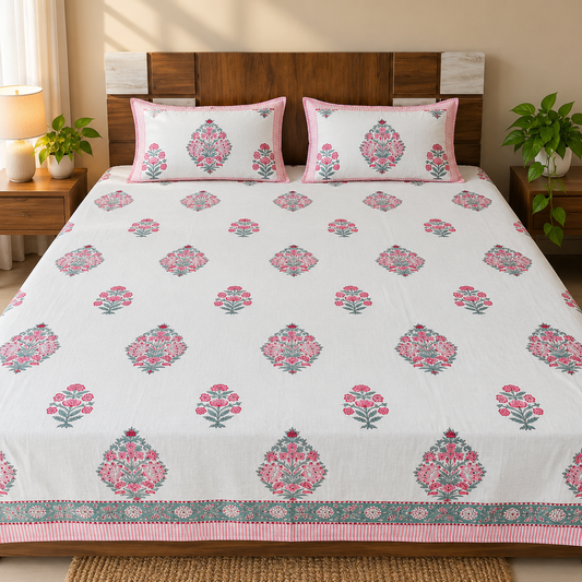 Hand Block Printed Cotton King Size Bedsheet – White with Pink Floral Buta Print & Teal Green Decorative Border | 108 x 108 Inches
