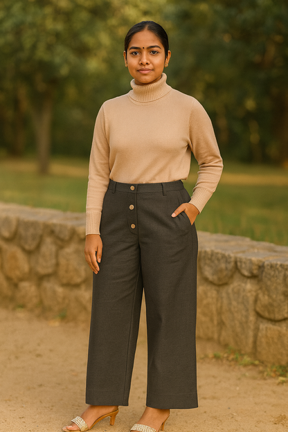 Women’s Grey Khadi Palazzo Pants – High Waist Wide-Leg Trousers | Handwoven Cotton