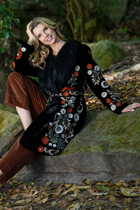 Velvet Flower Embroidered Coat in Rich Black