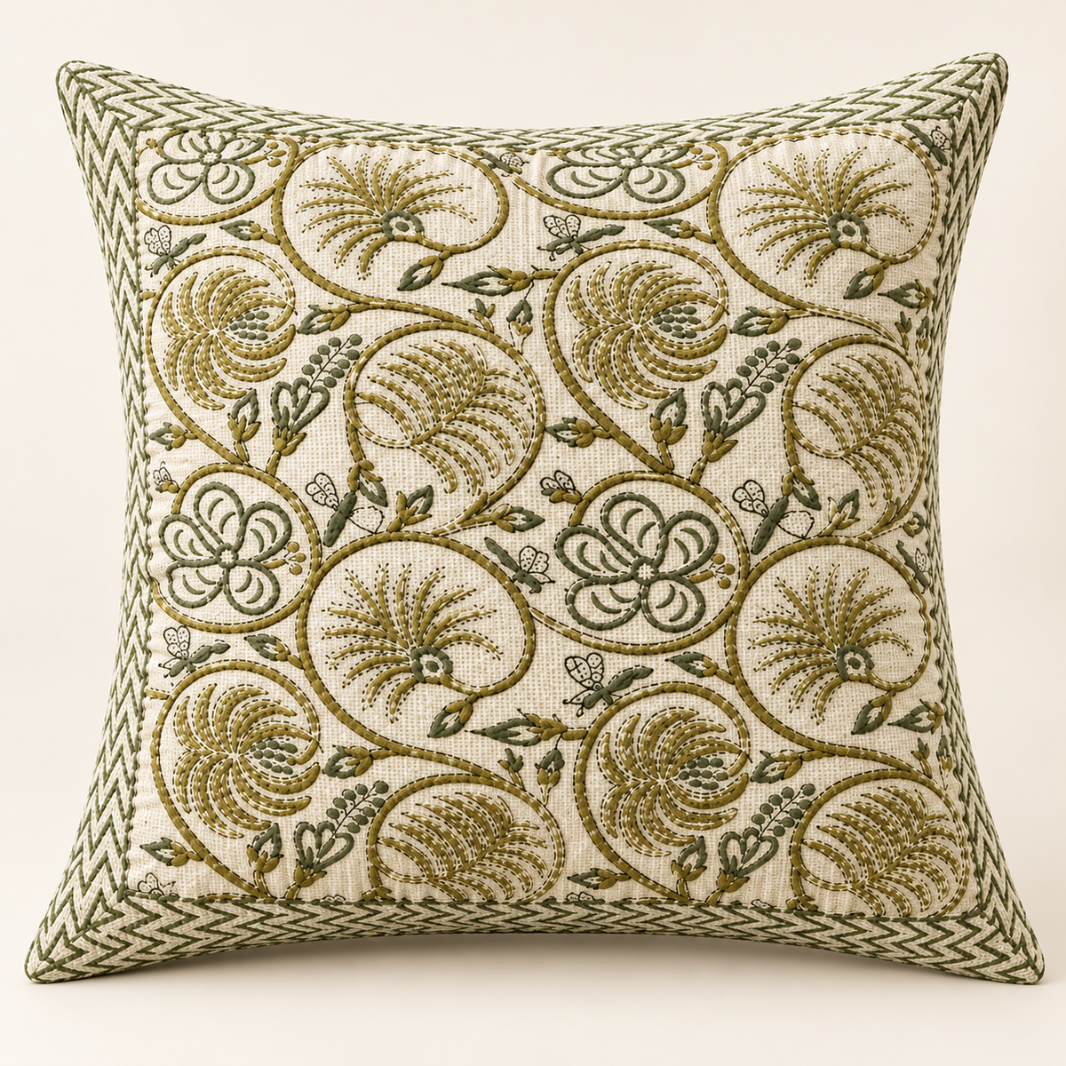 Hand Block Printed Jute Cushion Cover – Natural Beige with Olive Green Floral Vine Print & Geometric Border | 16 x 16 Inches