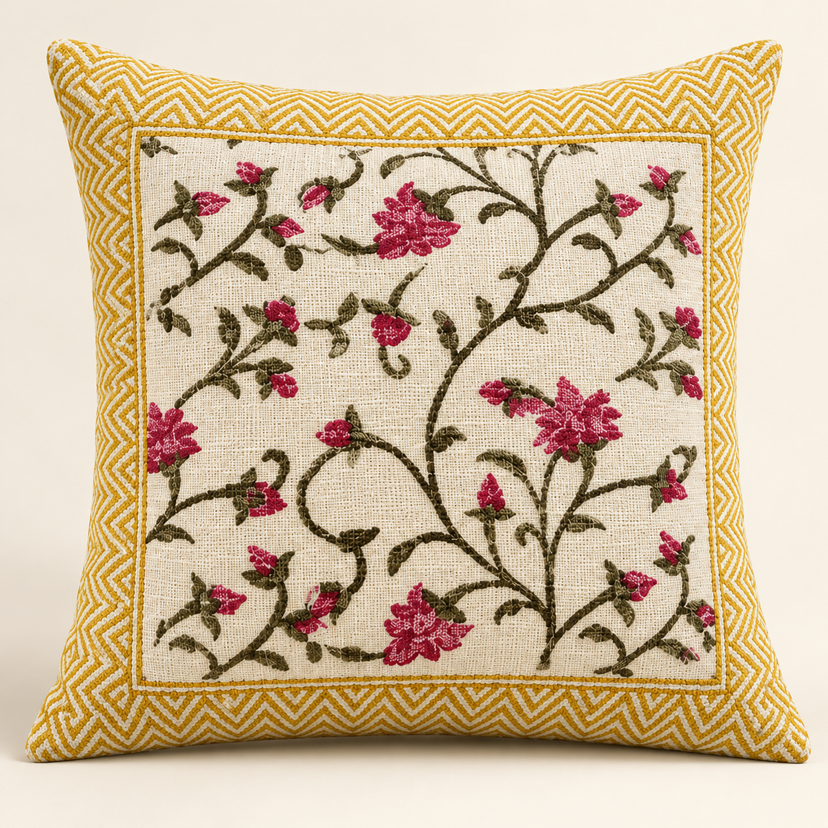 Hand Block Printed Jute Cushion Cover – Natural Beige with Rani Pink Floral Vine Print & Mustard Yellow Chevron Border | 16 x 16 Inches