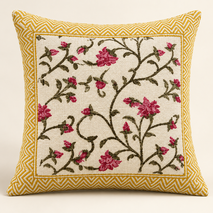 Hand Block Printed Jute Cushion Cover – Natural Beige with Rani Pink Floral Vine Print & Mustard Yellow Chevron Border | 16 x 16 Inches