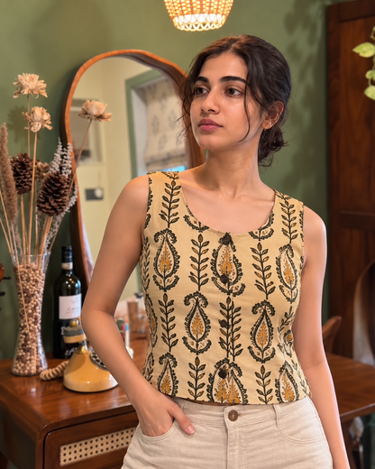 Natural Fab Women's Beige Hand Block Printed Cotton Crop Top | Sleeveless Ethnic Paisley Casual Top