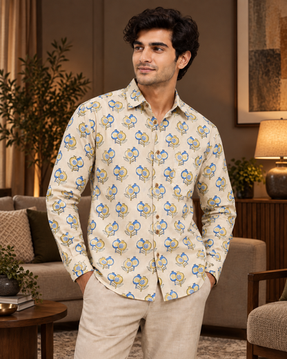 Men’s 100% Cotton Hand Block Printed Full Sleeve Shirt | Beige Blue Mustard Casual Shirt